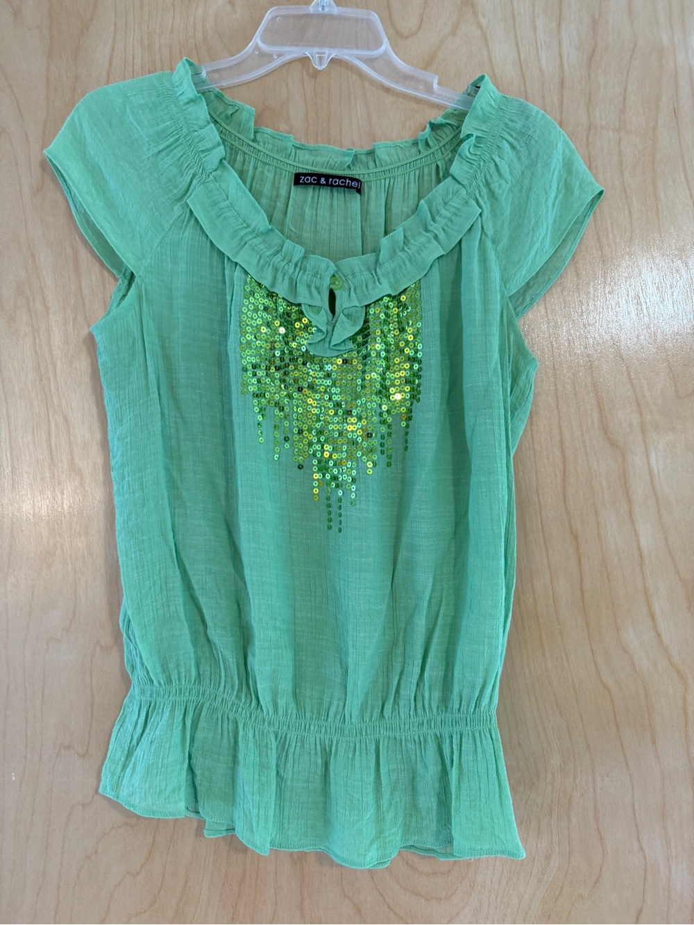Zac & Rachel Green Sequin Keyhole Peasant Blouse Smocked Waist S